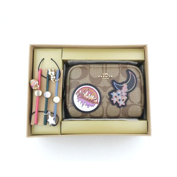 Coach Signature Coated Canvas Disco Boxed Mini Boxy Cosmetic Case & Hair Ties NW - Picture 1 of 5